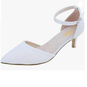 FYS White Low Heel Pump Pointed Toe Ankle Strap D'orsays Elegant Prom Dance Shoe